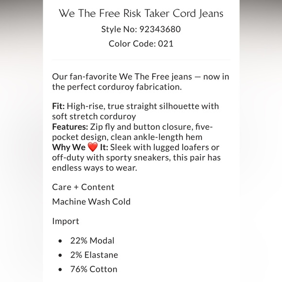 Free People We The Free Risk Taker Cord Jeans-Chocolate Truffle-NWOT - Picture 8 of 9